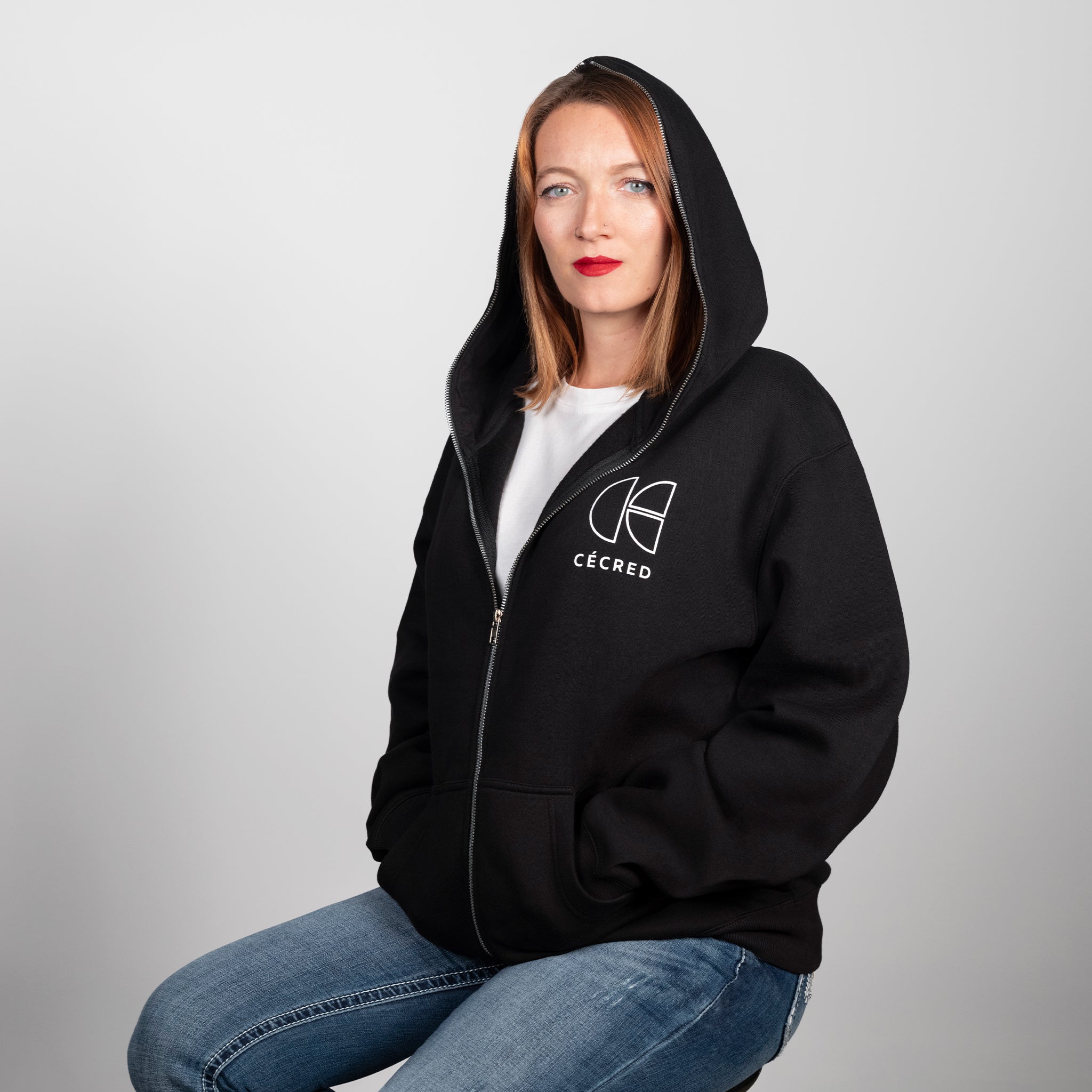 Red and black hoodie zip up top
