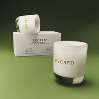 Two cream-colored cylindrical candles labeled 