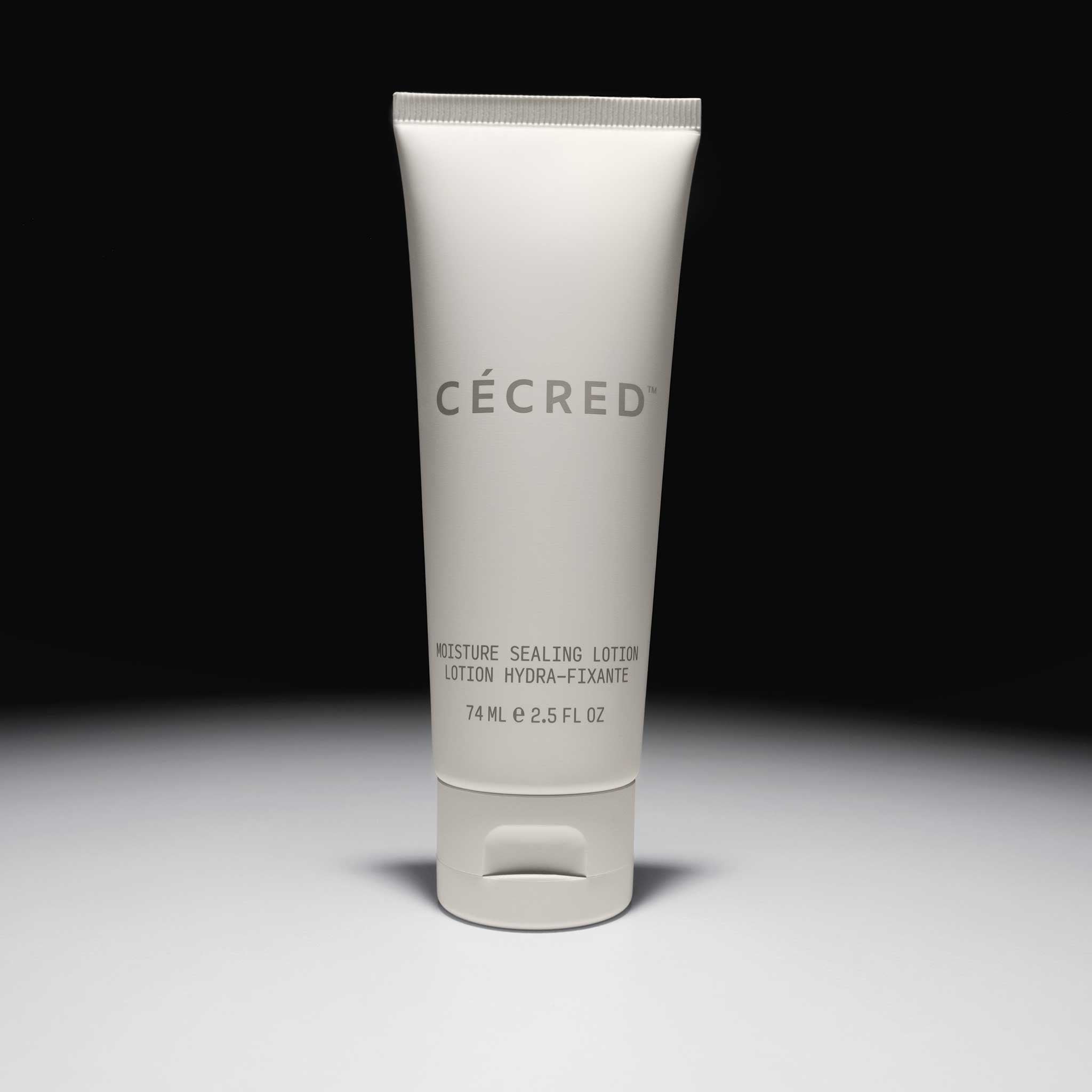 Cécred Moisture Sealing Lotion travel tube centered in frame to highlight clean, modern packaging.