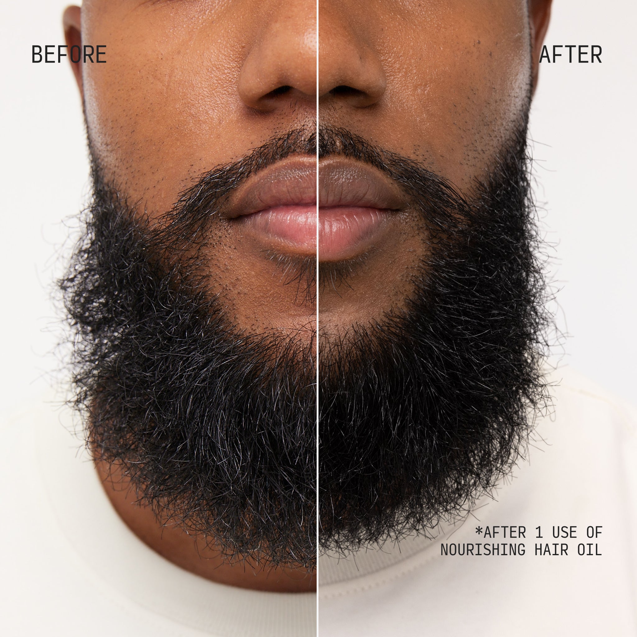 Before and after detail of a model’s beard showing enhanced softness and definition after using Cécred Nourishing Hair Oil.