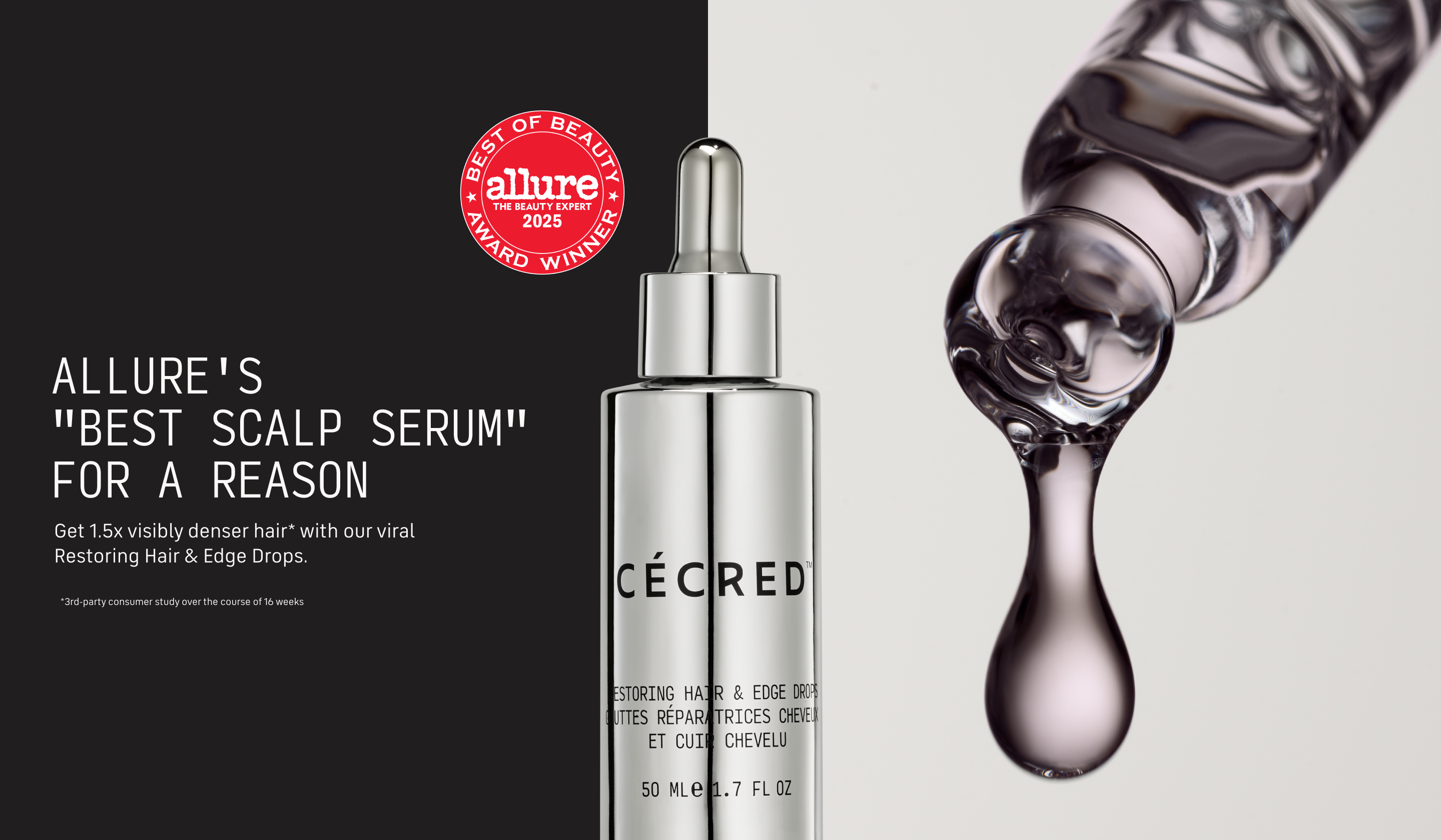 Cécred scalp serum bottle with dropper and Allure Best of Beauty award on a black and white background